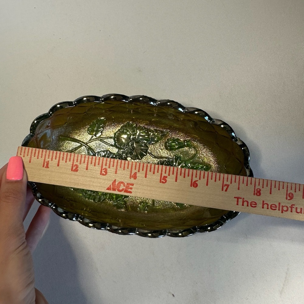 Vintage Imperial Carnival Glass Green Floral Pansy Oval Footed Bowl Serving Dish - Picture 5 of 7